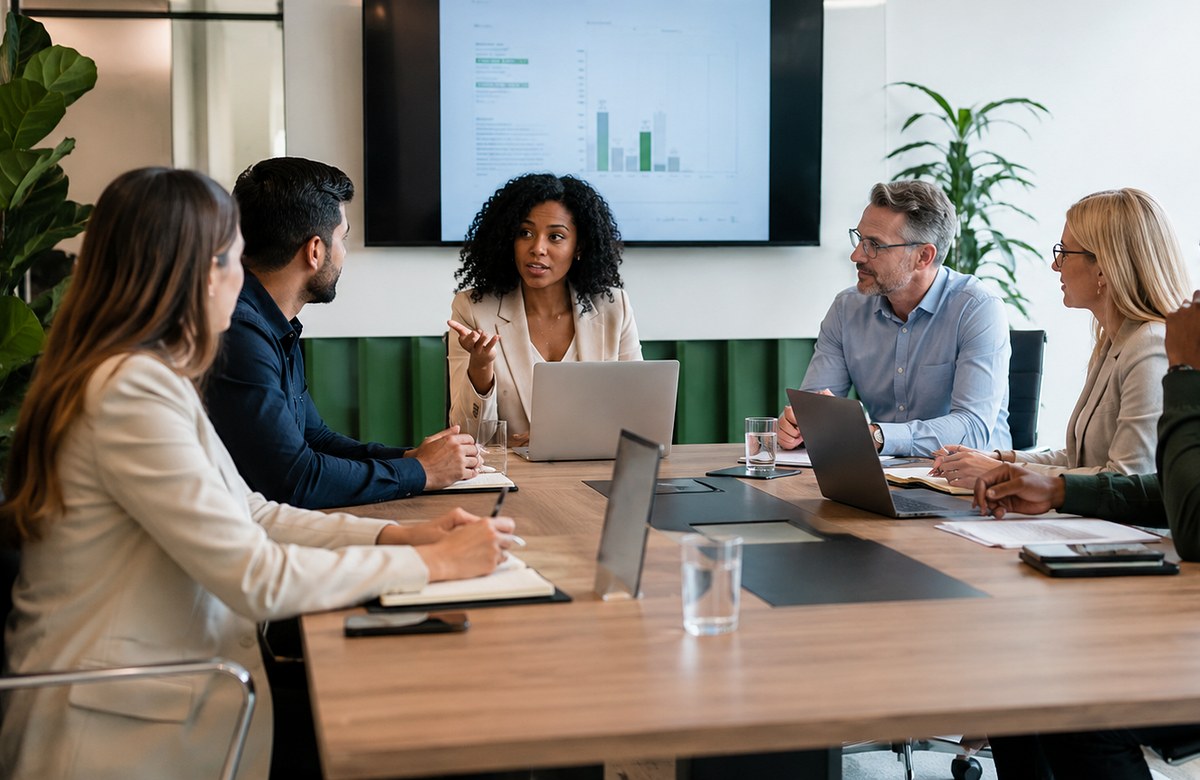 Business professionals reviewing event documents