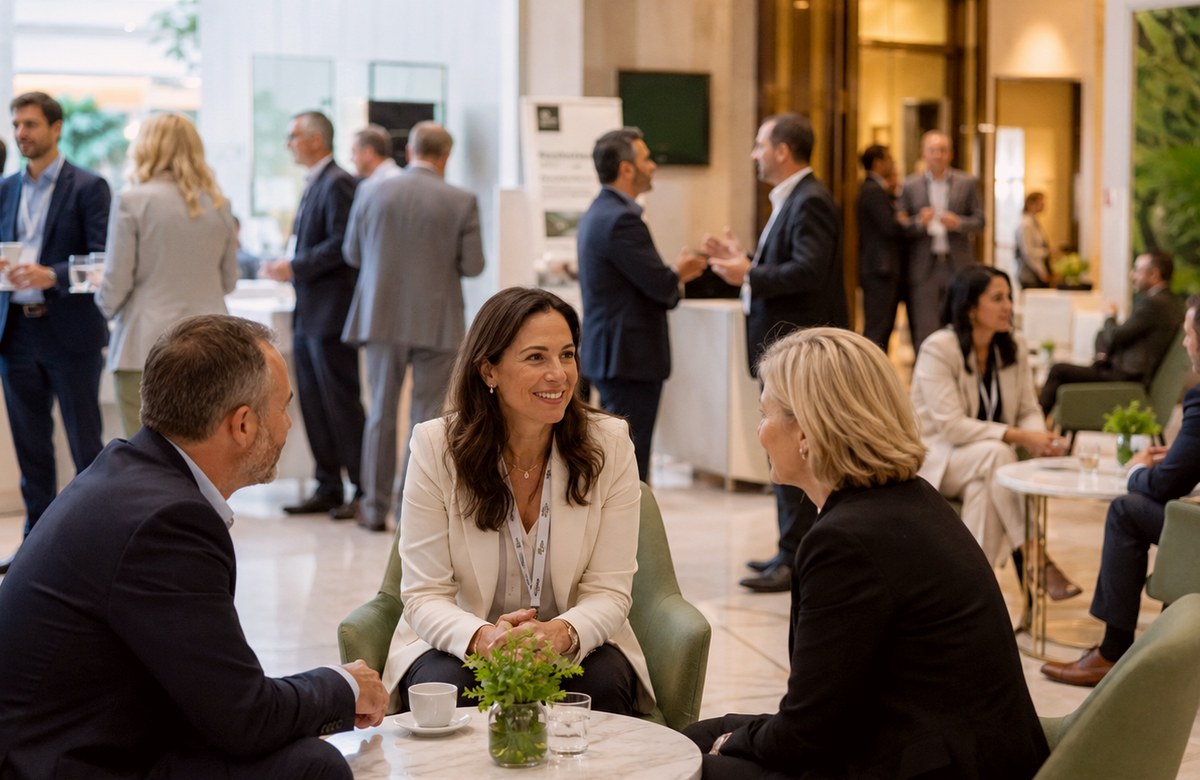 Business networking at a professional event venue