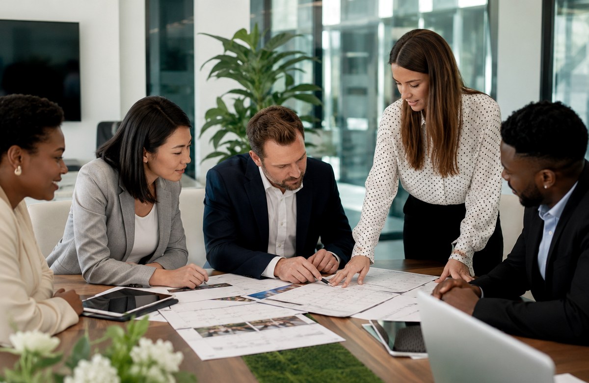 Professionals reviewing event layout and venue requirements